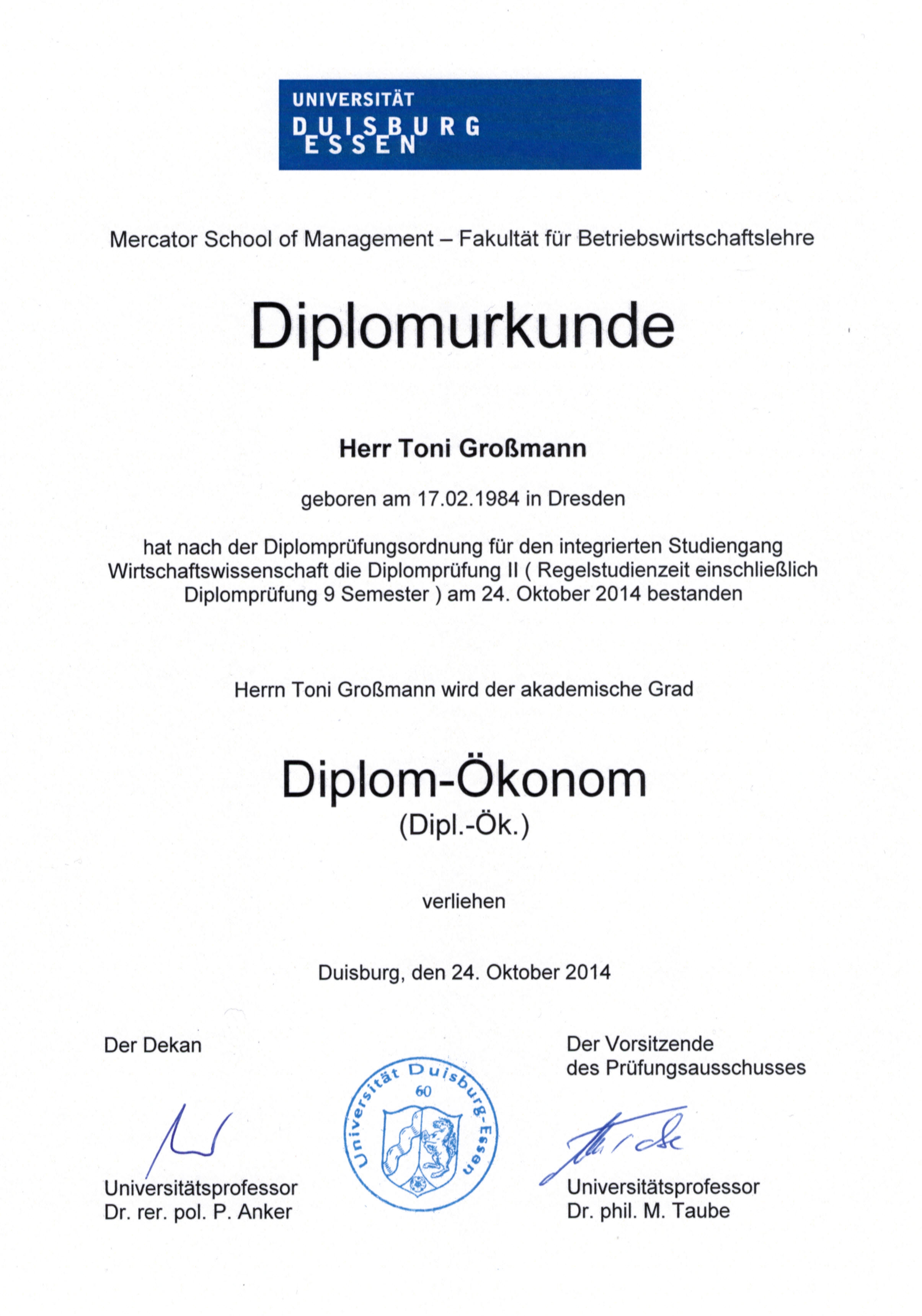 Diplomurkunde Toni Grossmann